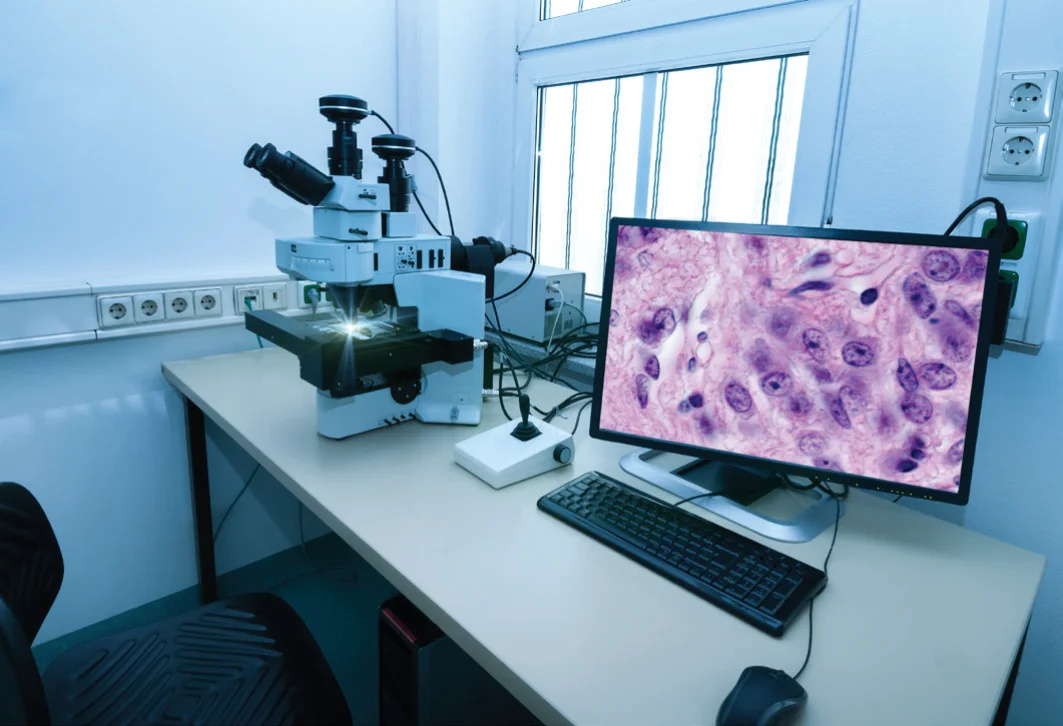 A lab at the University of Göttingen, with computer and microscope.