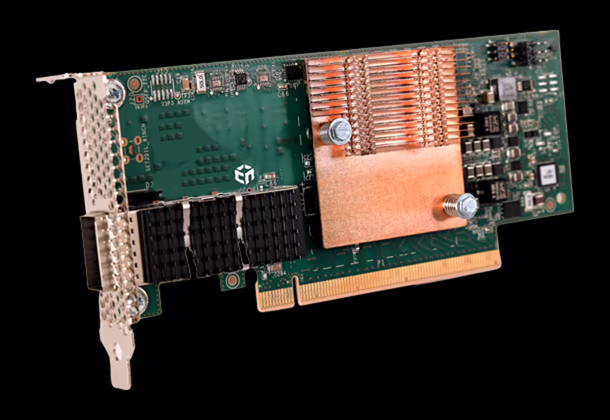 View of the Cornelis Omni-Path Accelerated Host Fabric Adapter CN-100HFA