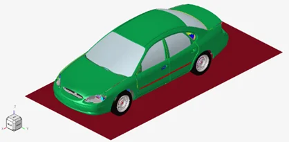 Green car on a red road.