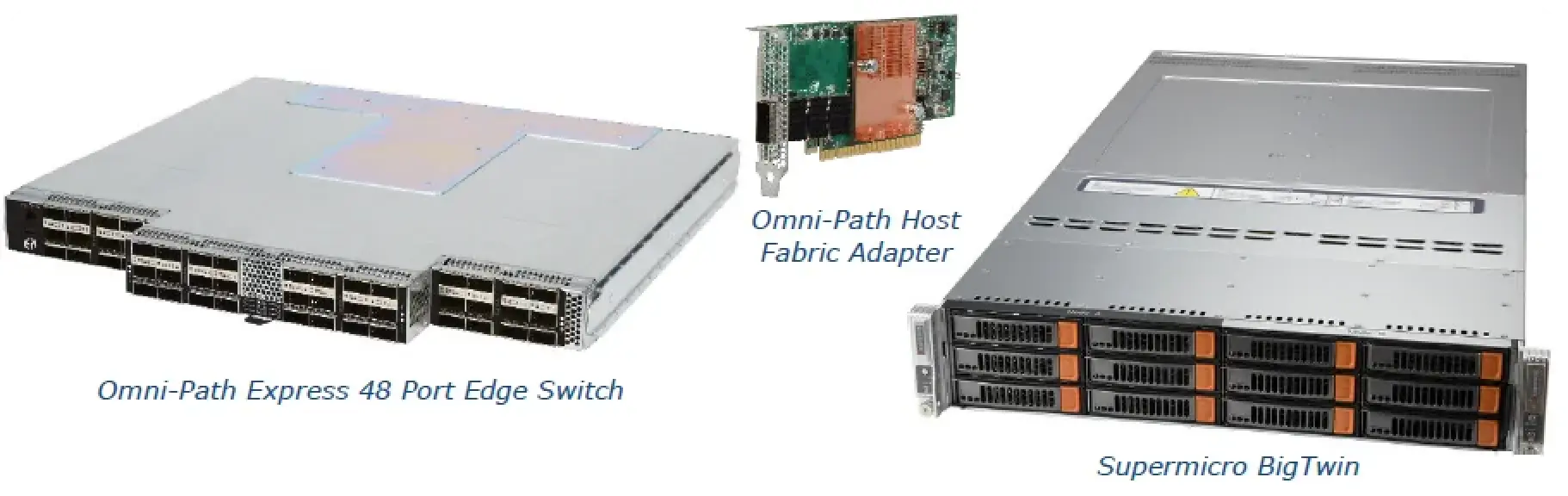 High-Performance Products: Omni-Path Express 48 Prot Edge Switch, Omni-Path Host Fabric Adapter, and the Supermicro BigTwin